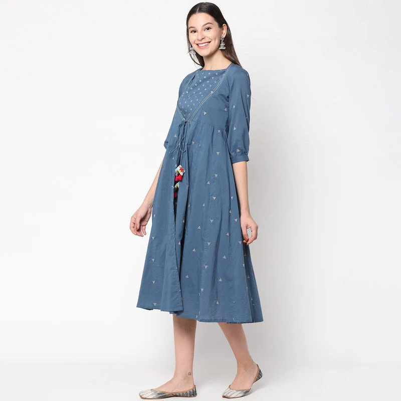 Cotton Midi Layered Dress for Women | Tie-Up | Blue