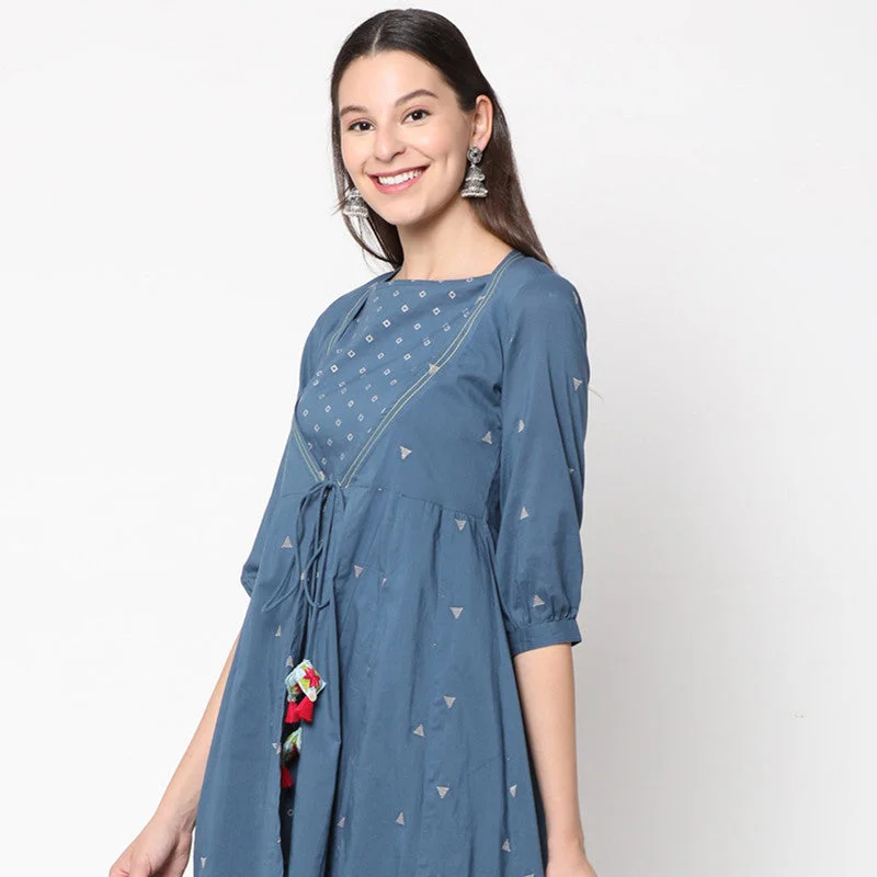 Cotton Midi Layered Dress for Women | Tie-Up | Blue