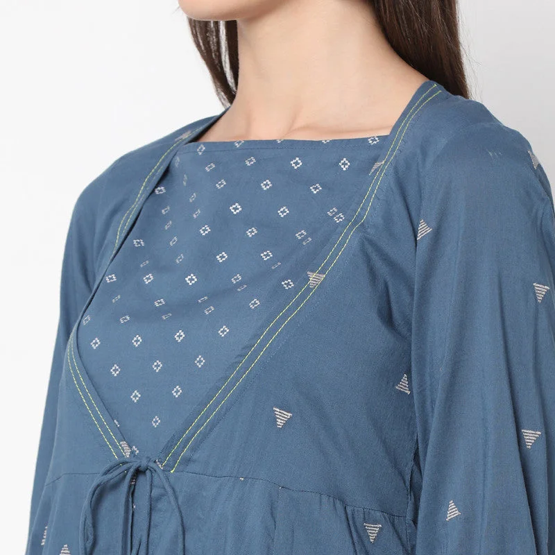 Cotton Midi Layered Dress for Women | Tie-Up | Blue