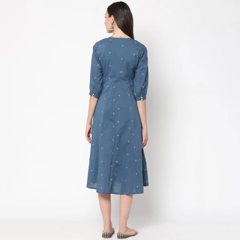 Cotton Midi Layered Dress for Women | Tie-Up | Blue