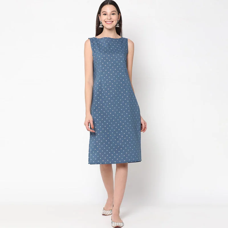 Cotton Midi Layered Dress for Women | Tie-Up | Blue