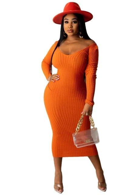 Amy Fashion - V Neck Sexy Slim Elastic Basic Long Bodycon Dress