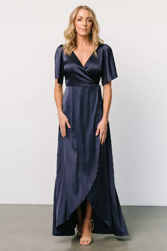 Vara Satin Maxi Wrap Dress | Navy