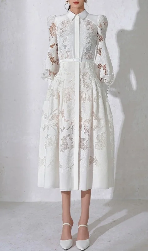 WHITE LACE EMBROIDERED FULL HEM MIDI DRESS