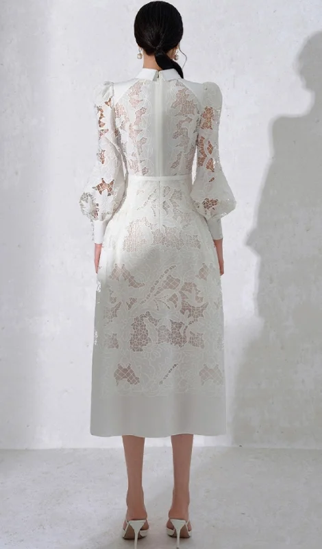 WHITE LACE EMBROIDERED FULL HEM MIDI DRESS