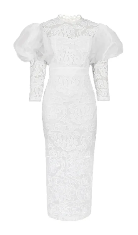 WHITE PUFF SLEEVE LACE MIDI DRESS