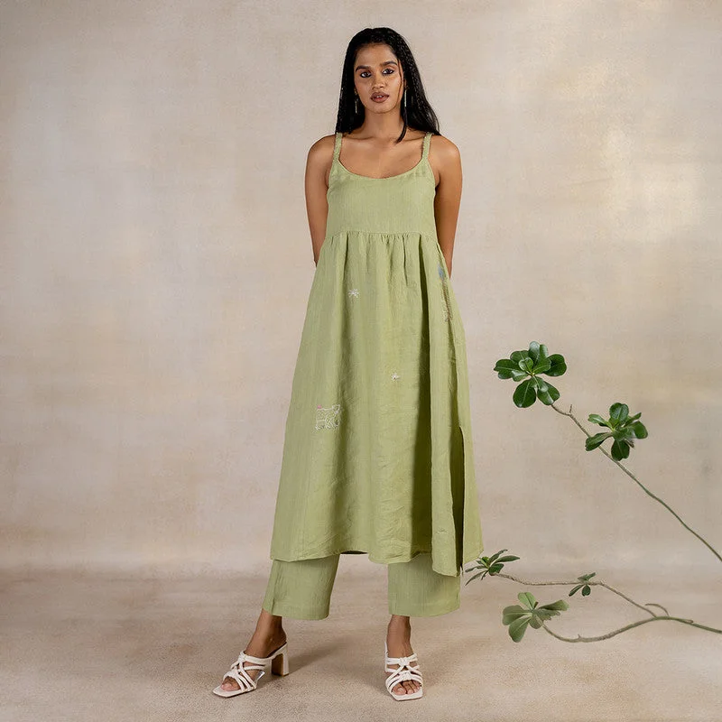 Linen Midi Slip Dress | Hand Embroidered | Green