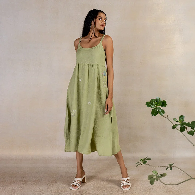 Linen Midi Slip Dress | Hand Embroidered | Green