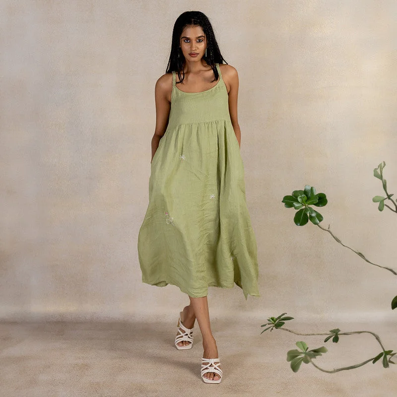 Linen Midi Slip Dress | Hand Embroidered | Green