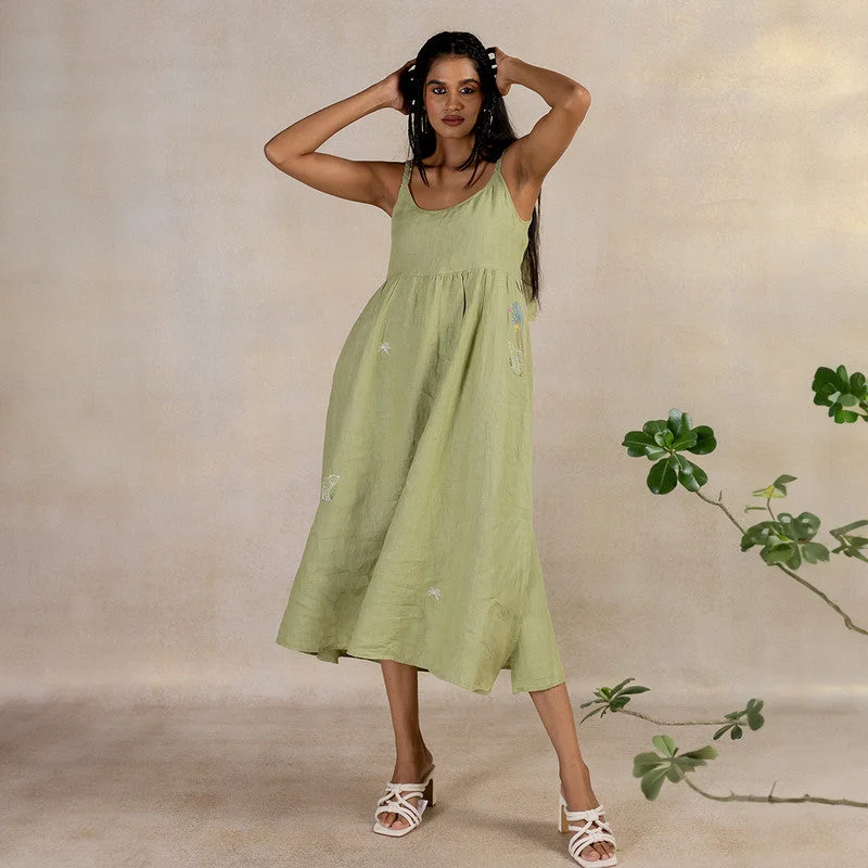 Linen Midi Slip Dress | Hand Embroidered | Green