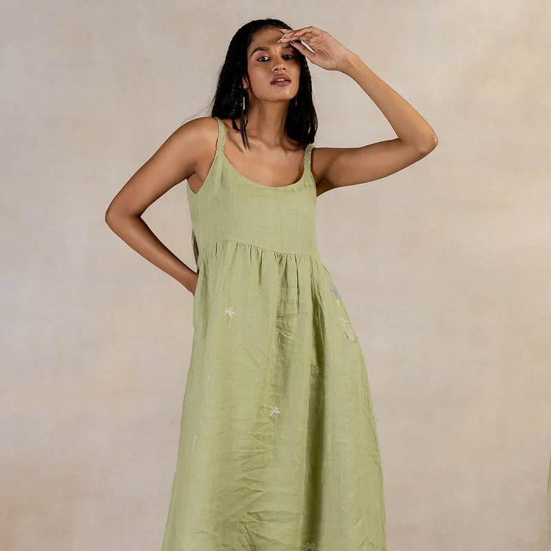 Linen Midi Slip Dress | Hand Embroidered | Green