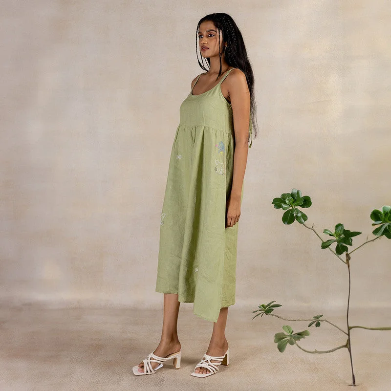 Linen Midi Slip Dress | Hand Embroidered | Green