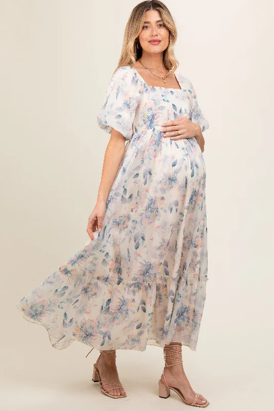 Beige Puff Sleeve Square Neck Maternity Dress