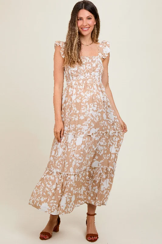 Beige Ruffle Sleeve Tiered Maternity Maxi Dress