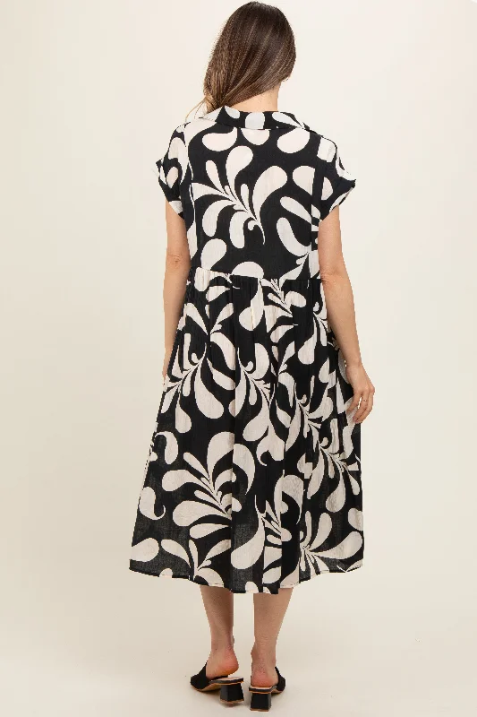 Black Abstract Print Collared Maternity Dress