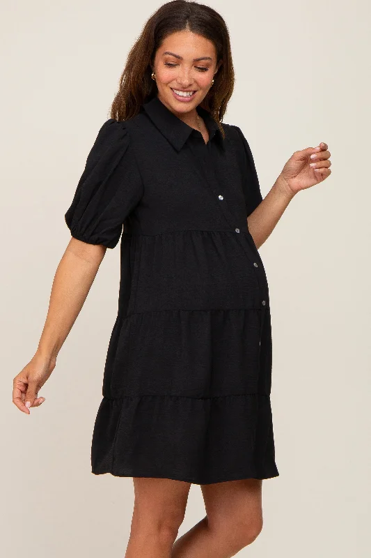 Black Collared Button Front Tiered Maternity Dress