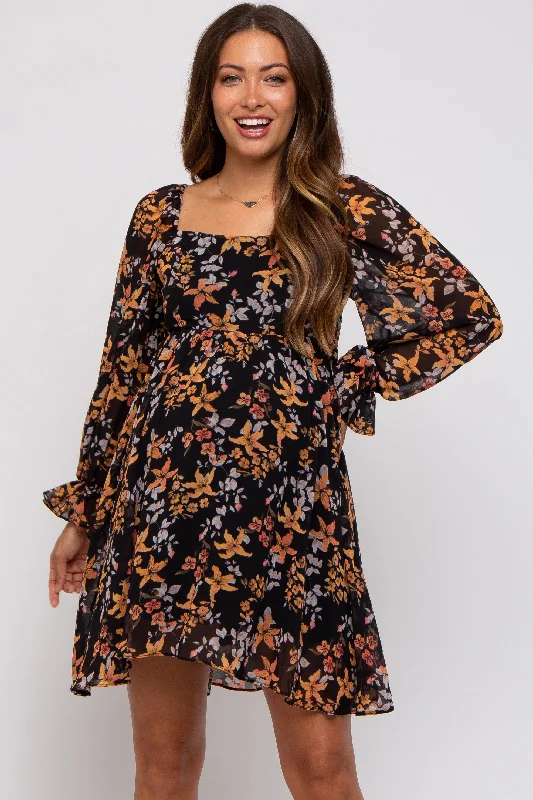 Black Floral Chiffon Square Neck Maternity Dress