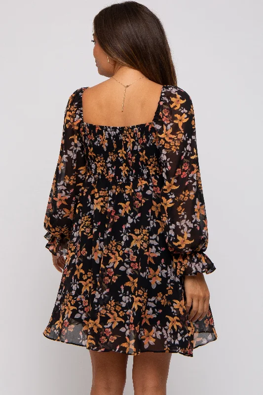 Black Floral Chiffon Square Neck Maternity Dress