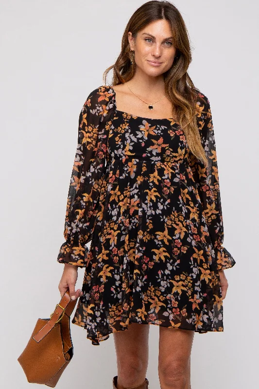 Black Floral Chiffon Square Neck Maternity Dress