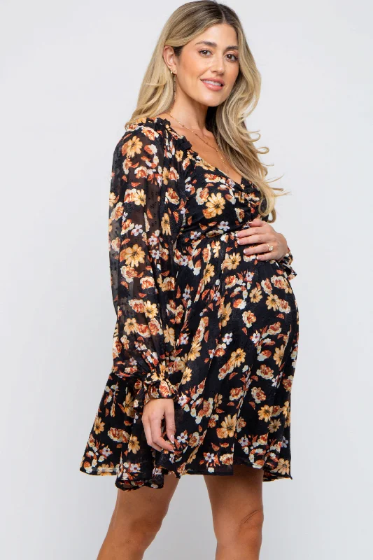 Black Floral Chiffon Sweetheart Neck Long Puff Sleeve Maternity Dress