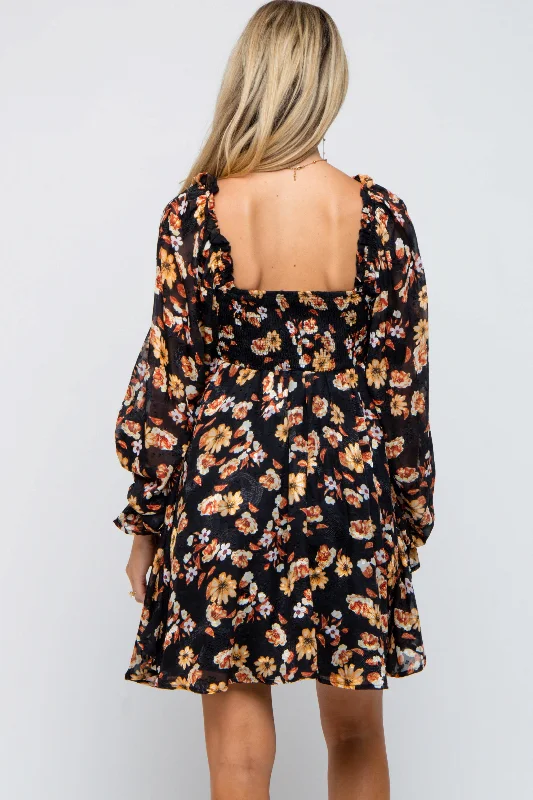 Black Floral Chiffon Sweetheart Neck Long Puff Sleeve Maternity Dress