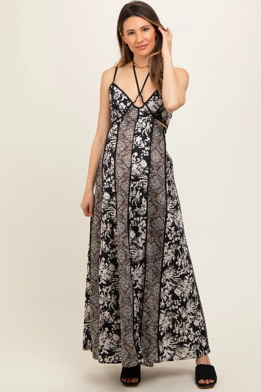 Black Floral Colorblock Cutout Open Back Maternity Maxi Dress