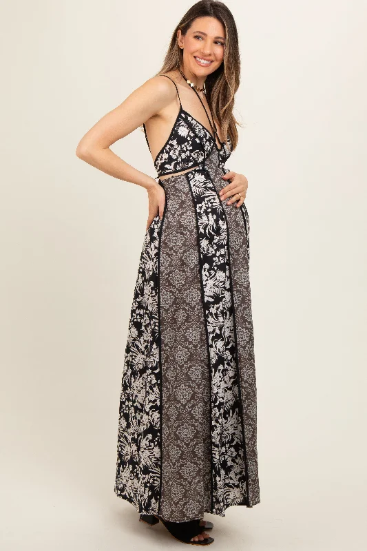 Black Floral Colorblock Cutout Open Back Maternity Maxi Dress