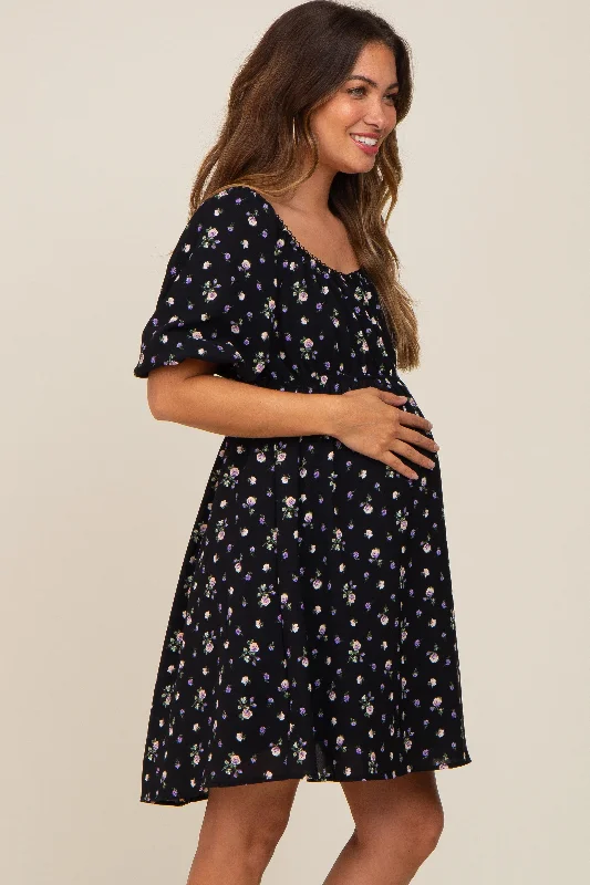 Black Floral Puff Sleeve Maternity Dress