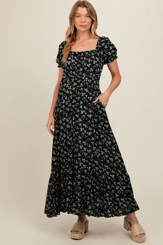 Black Floral Short Sleeve Maternity Maxi Dress