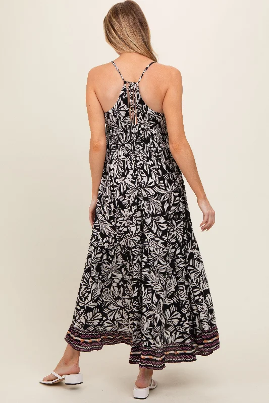 Black Floral Sleeveless Back Tie Maternity Maxi Dress