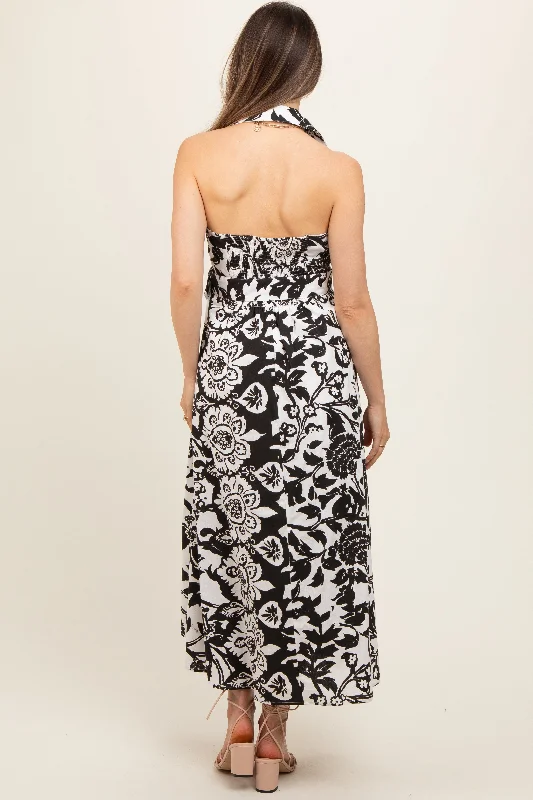 Black Floral Sleeveless Halter Maternity Midi Dress