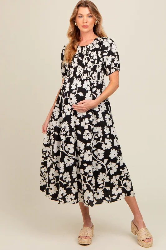 Black Floral Smocked Maternity Midi Dress