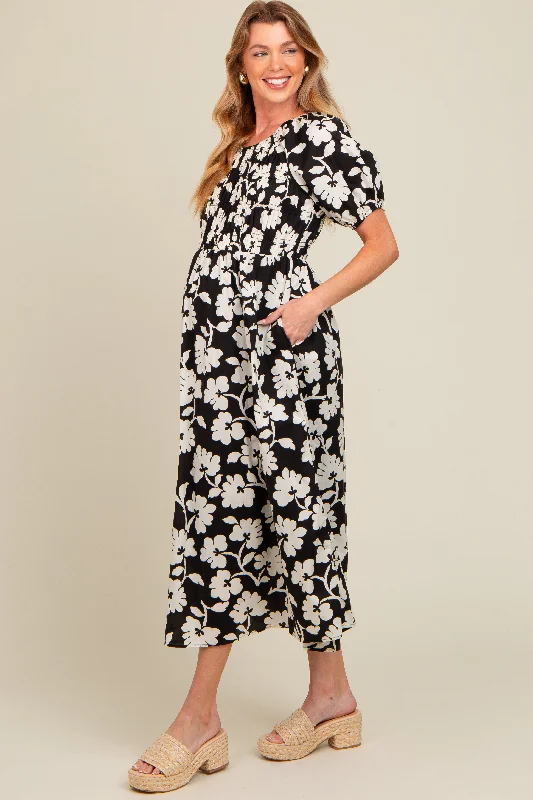 Black Floral Smocked Maternity Midi Dress