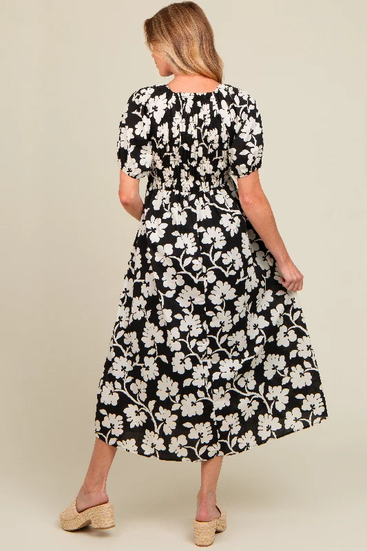 Black Floral Smocked Maternity Midi Dress