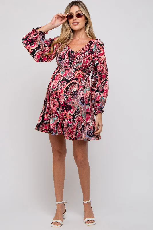 Black Paisley Smocked Long Sleeve Maternity Dress