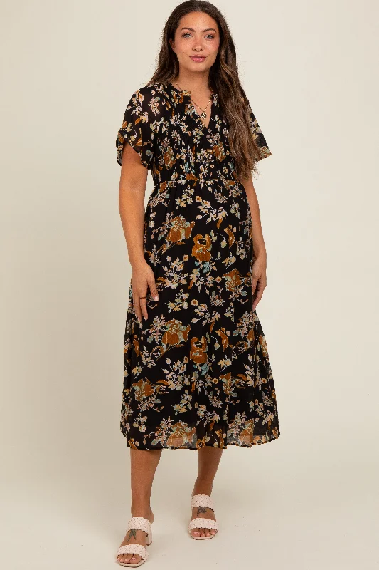 Black Smocked Floral Maternity Midi Dress