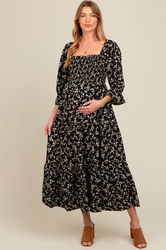 Black Smocked Tiered Pocketed Maternity Midi Dress