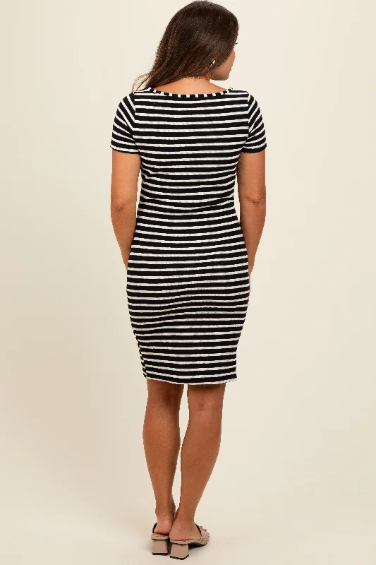 Black Striped Boat Neck Ruched Maternity Dress