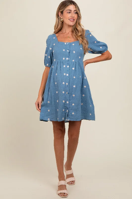 Blue Floral Embroidered Button Front Short Sleeve Maternity Dress