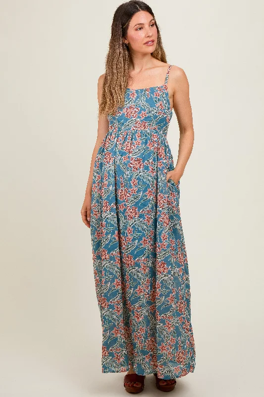 Blue Floral Lightweight Sleeveless Maternity Dress