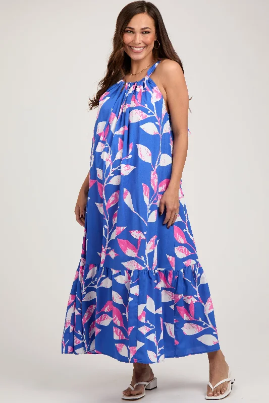 Blue Halter Leaf Print Maternity Midi Dress