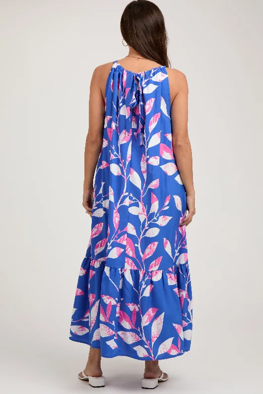 Blue Halter Leaf Print Maternity Midi Dress