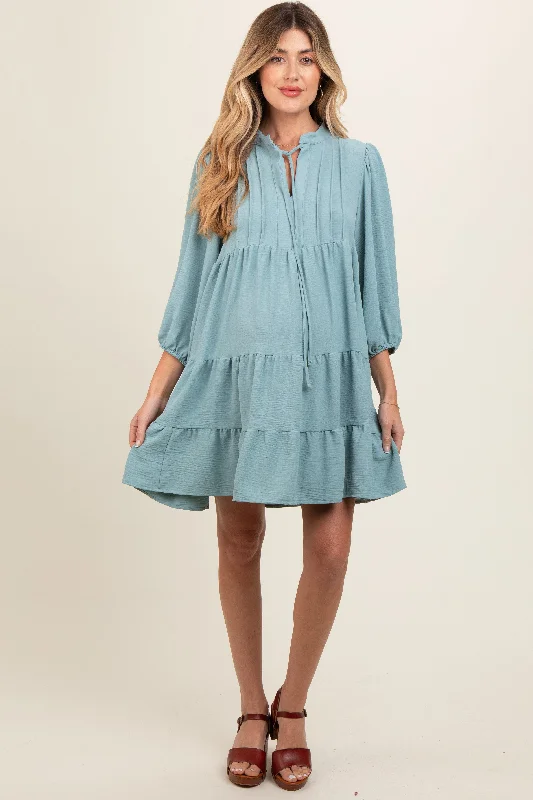 Blue Pleated Front Tie Tiered Maternity Dress