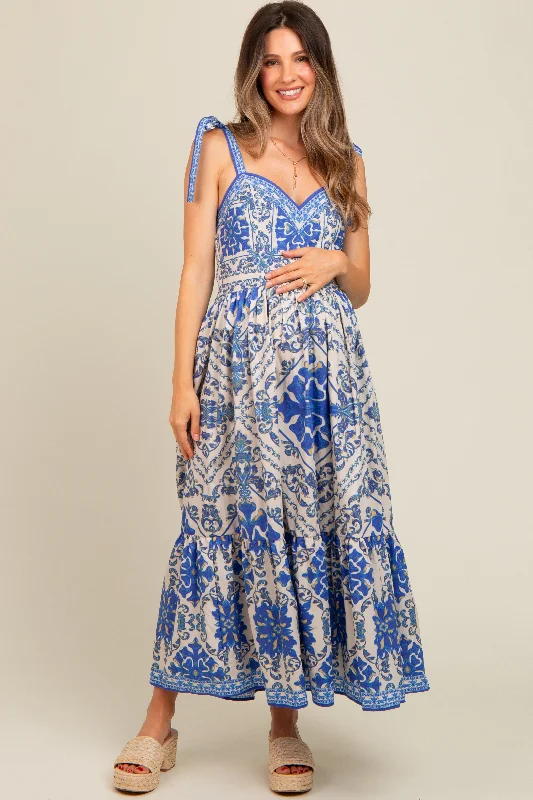 Blue Printed Sweetheart Neckline Shoulder Tie Maternity Maxi Dress