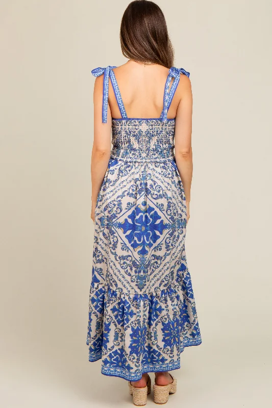 Blue Printed Sweetheart Neckline Shoulder Tie Maternity Maxi Dress