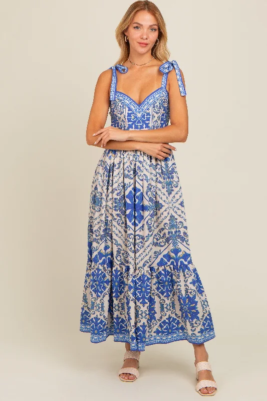 Blue Printed Sweetheart Neckline Shoulder Tie Maternity Maxi Dress