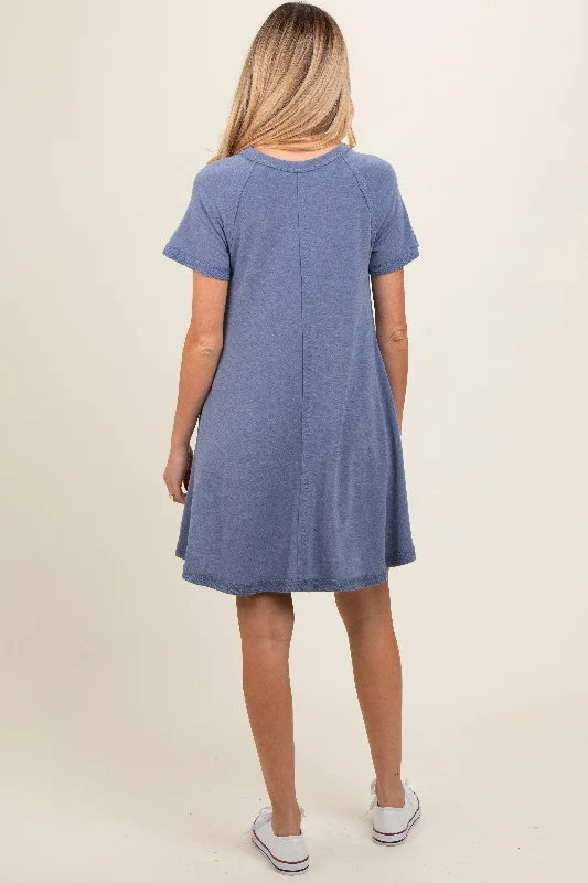 Blue Solid T-shirt Maternity Mini Dress