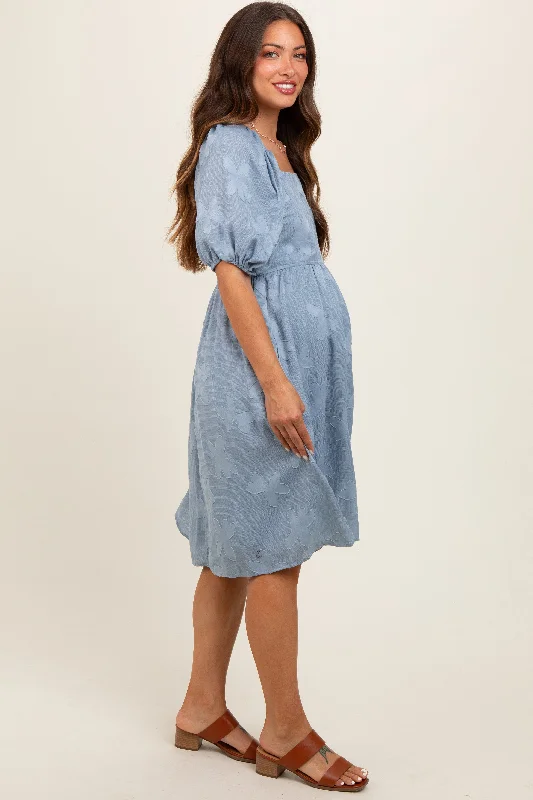 Blue Textured Floral Square Neck Puff Sleeve Maternity Dress