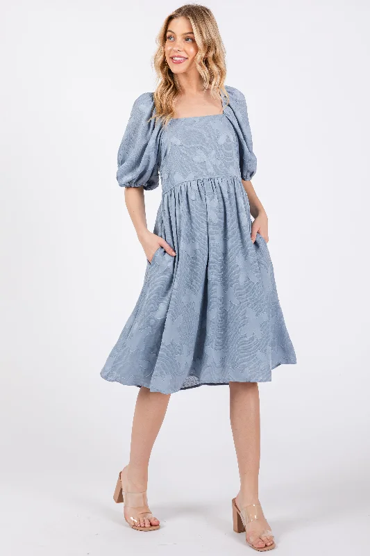 Blue Textured Floral Square Neck Puff Sleeve Maternity Dress