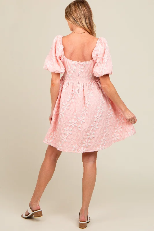 Blush Floral Embossed Puff Sleeve Maternity Dress